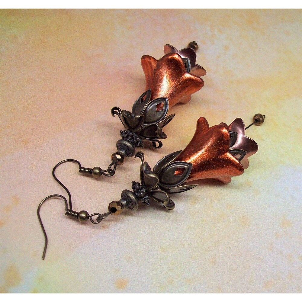 Art Nouveau Floral Drop Earrings, Hand Painted, Bronze, Artisan Crafted Flower J